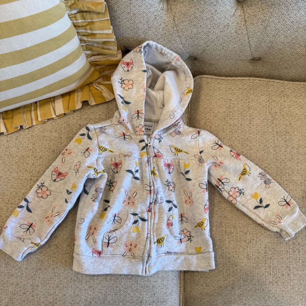 Kids Hooded Zip Jacket - Light Heather Gray with Floral & Animal Print